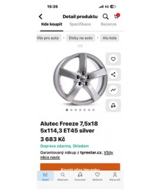 Neue Alutec Freeze FRE758 7,5Jx18 ET45 5×114,3 NB70,1 mm – Preis ca. 170-190 € pro Felge